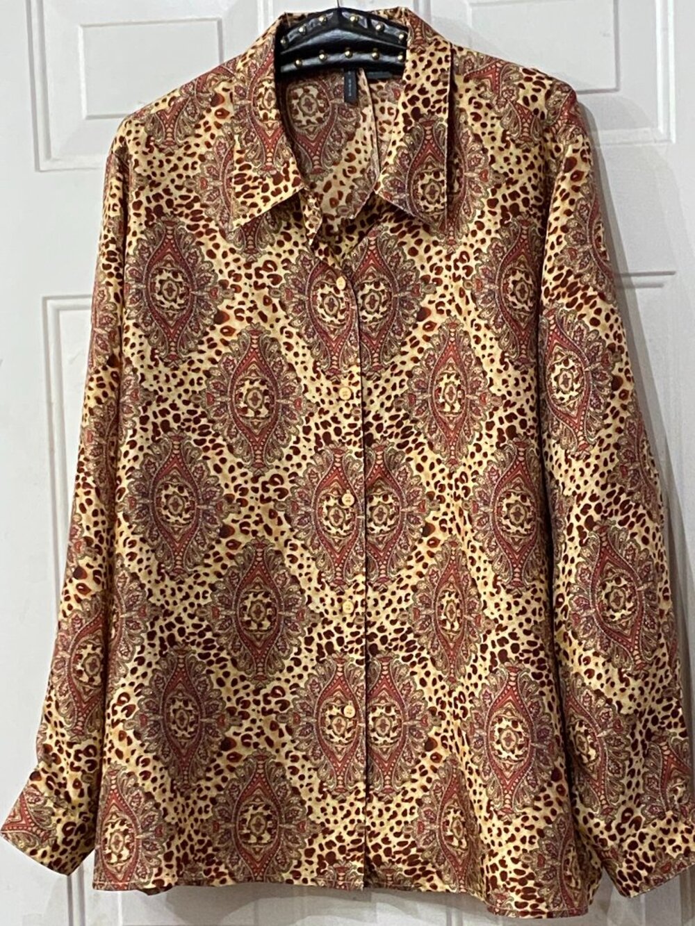 Via Seta Silk  Sz 3X Blouse Button Up Shirt Long Sleeve Multi Paisley/Animal